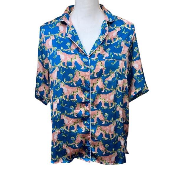 Their Nibs Pajama Top Cheetah Jungle Pocket Pyjama Blouse Asian Inspired V-neck - Picture 1 of 10